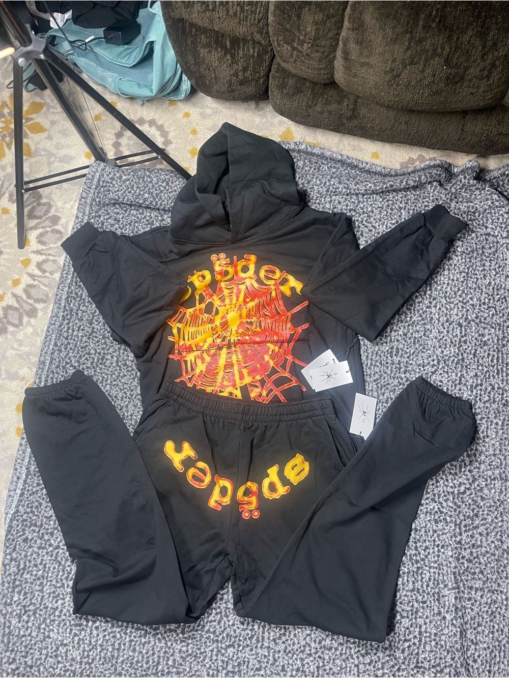 Black Sweatpants & Hoodie Set with Fiery Yellow-Orange Graphic